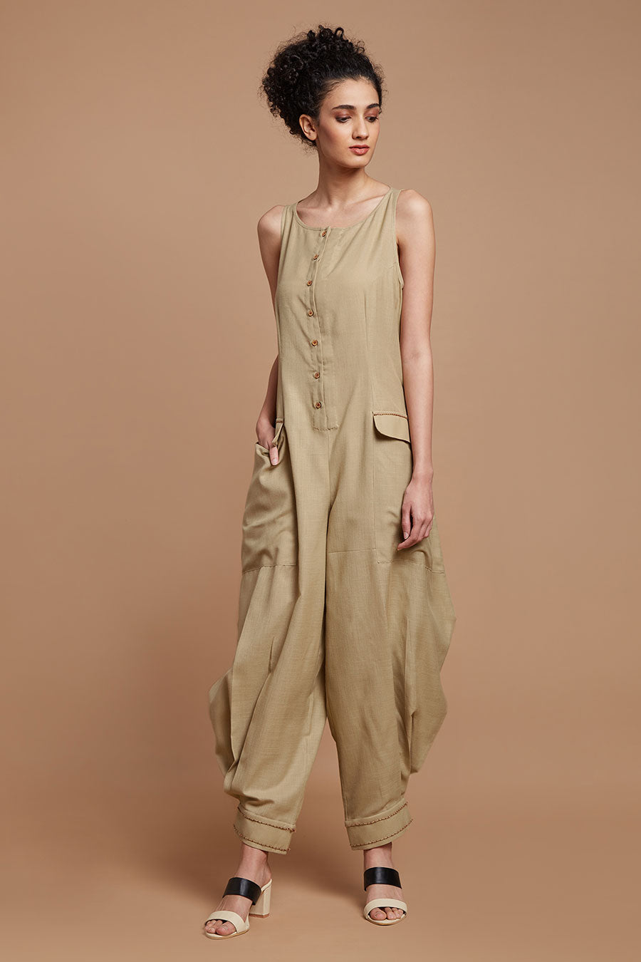 Beige Embroidered Baggy Jumpsuit