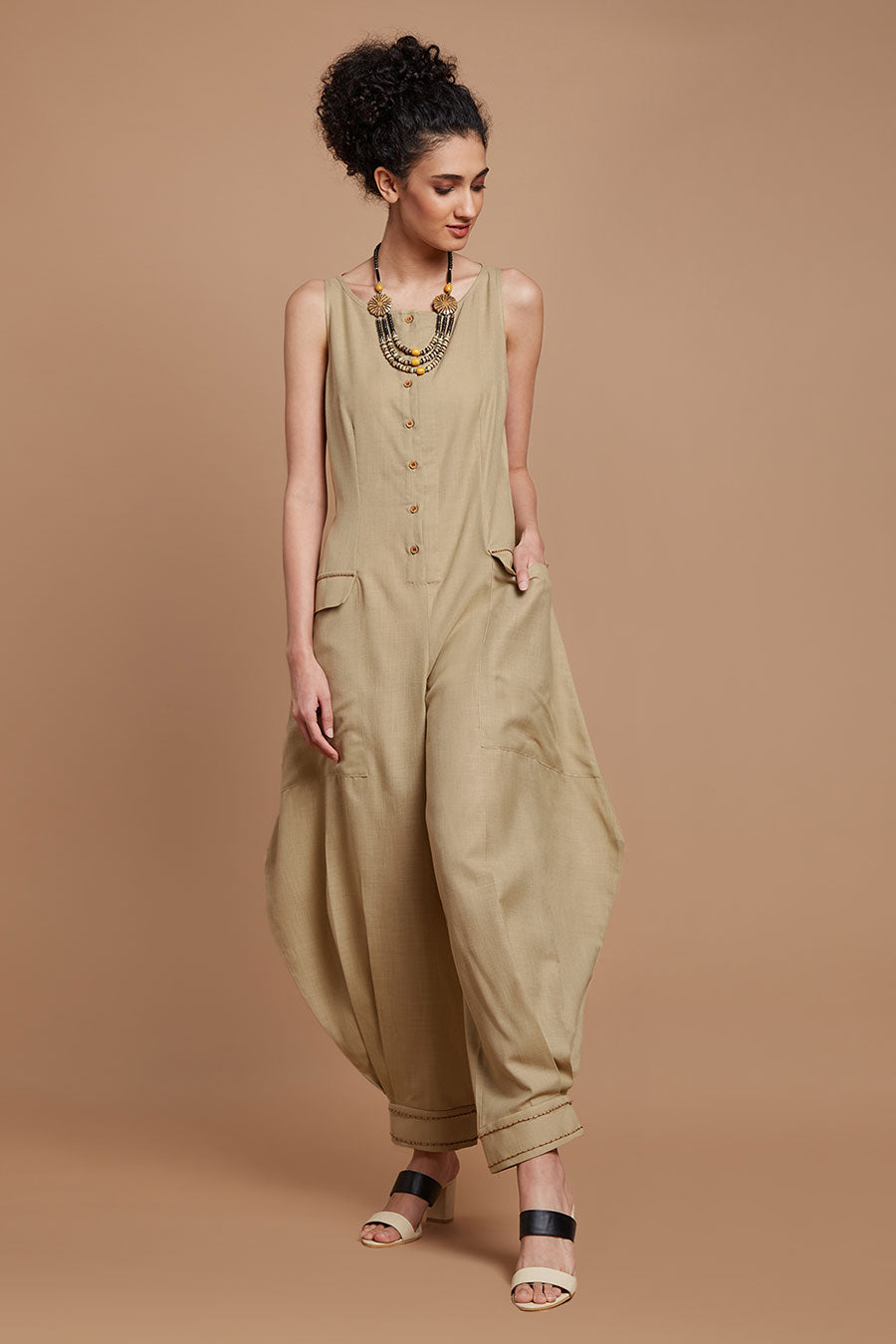 Beige Embroidered Baggy Jumpsuit