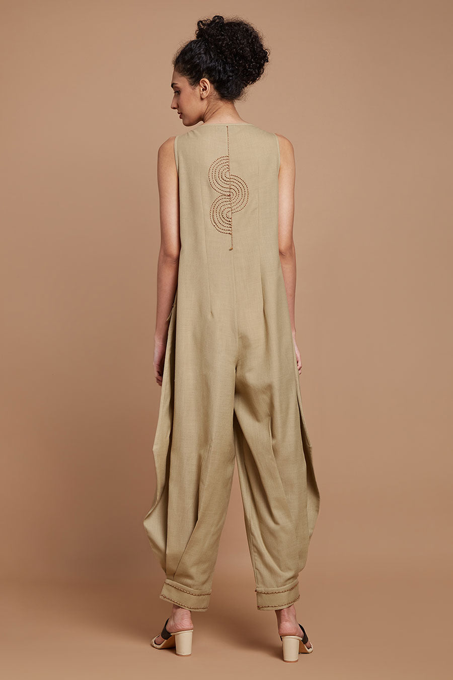 Beige Embroidered Baggy Jumpsuit