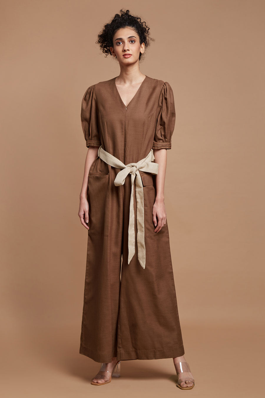 Brown Embroidered Tie-Up Jumpsuit