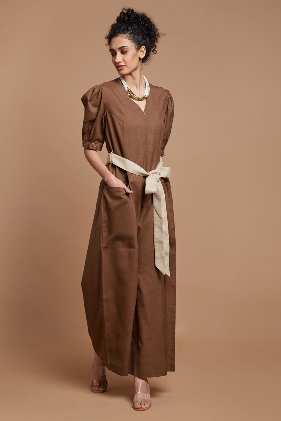 Brown Embroidered Tie-Up Jumpsuit