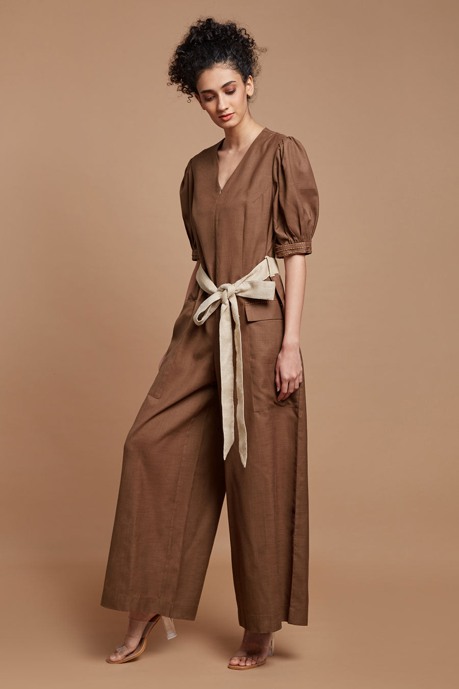 Brown Embroidered Tie-Up Jumpsuit