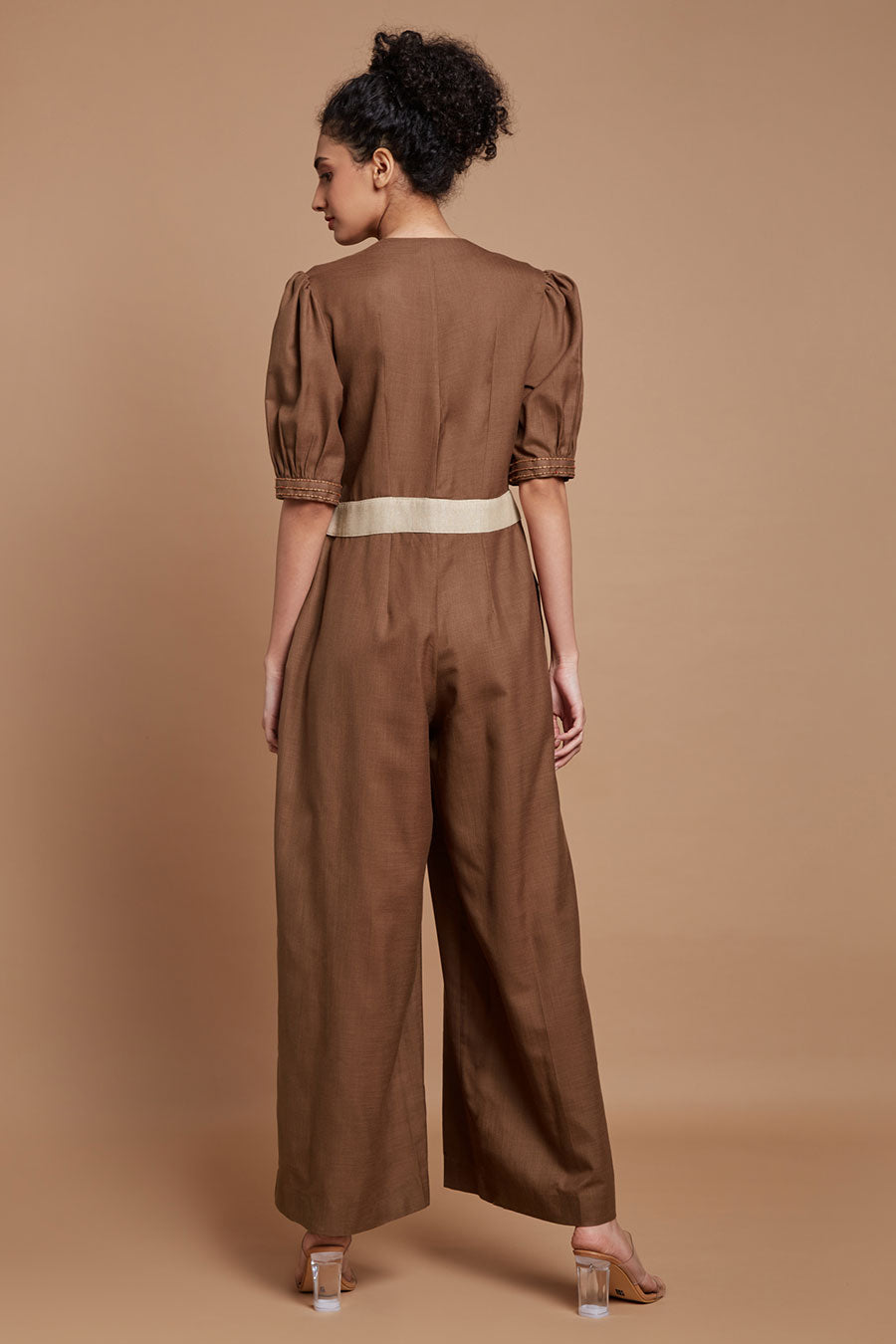 Brown Embroidered Tie-Up Jumpsuit