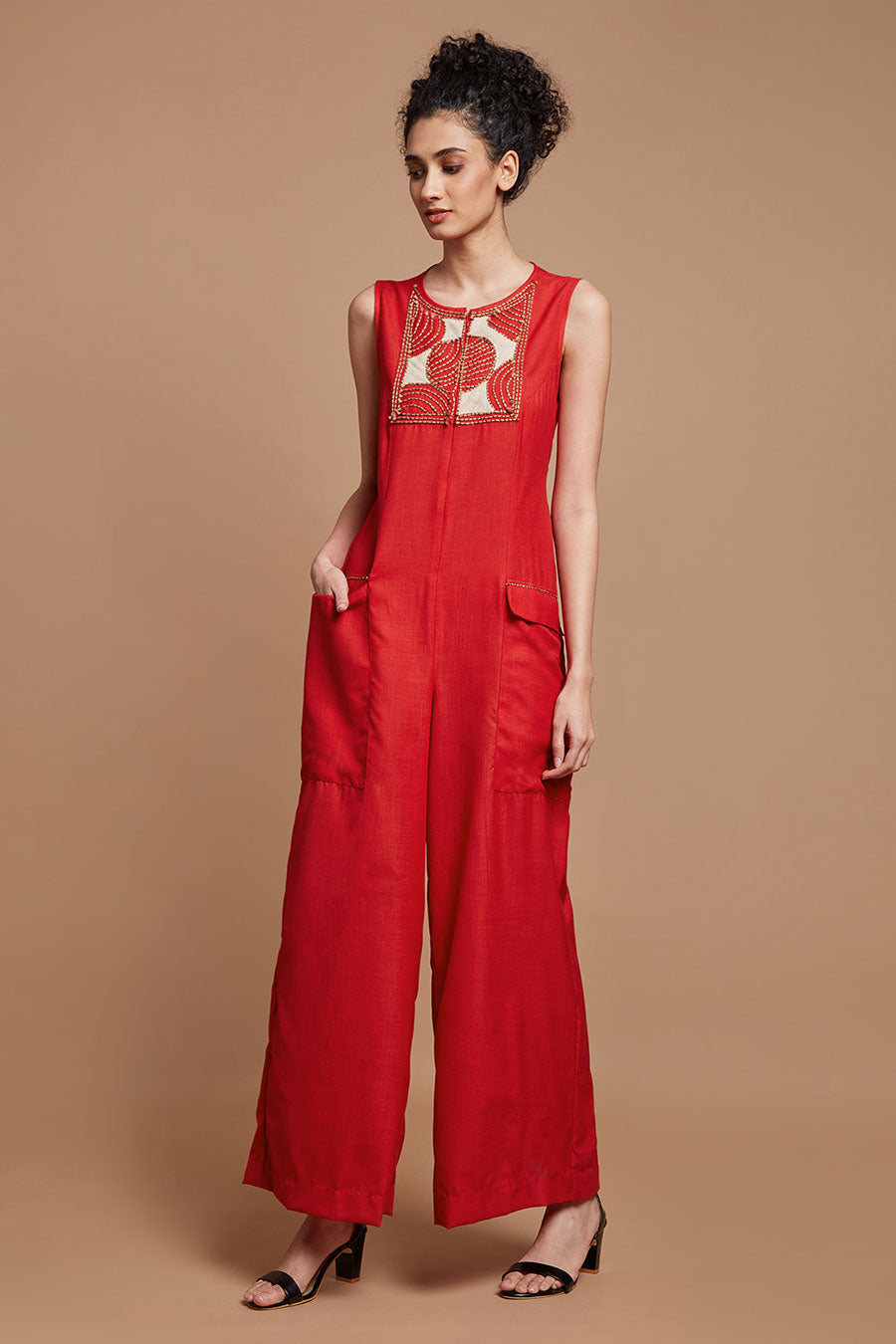 Red Embroidered Wide Legged Jumpsuit