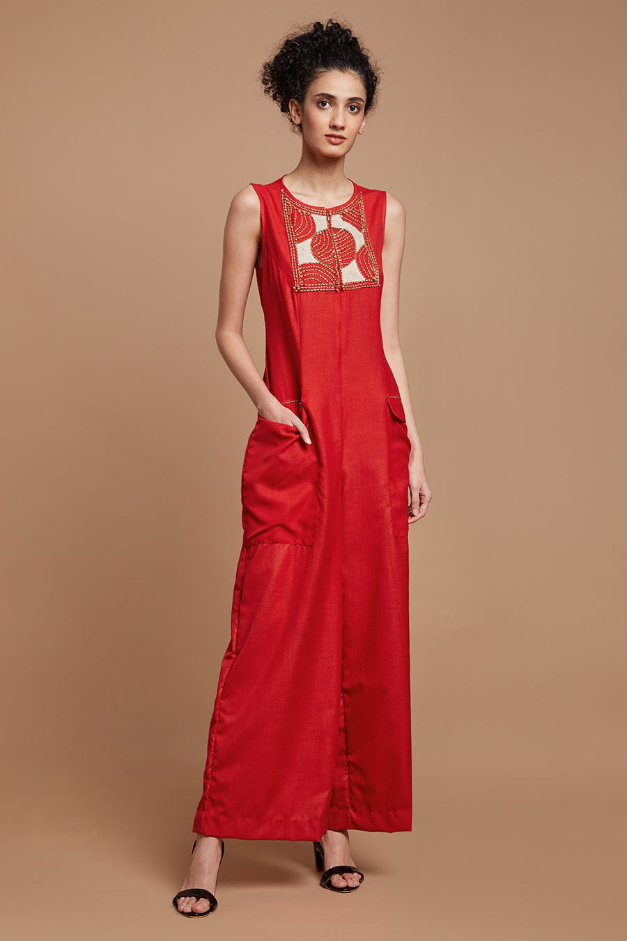 Red Embroidered Wide Legged Jumpsuit