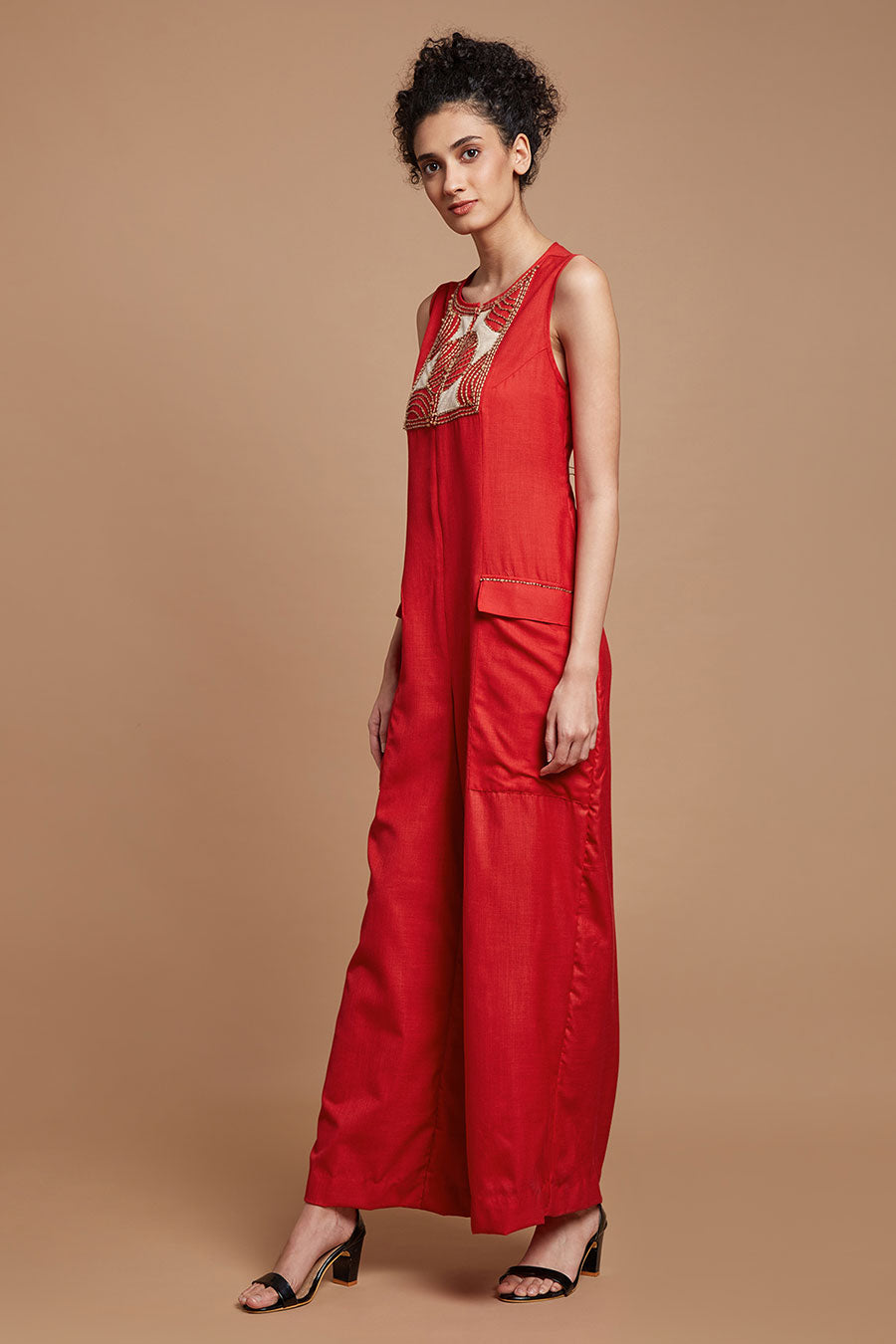 Red Embroidered Wide Legged Jumpsuit