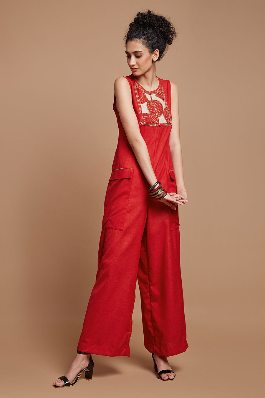 Red Embroidered Wide Legged Jumpsuit