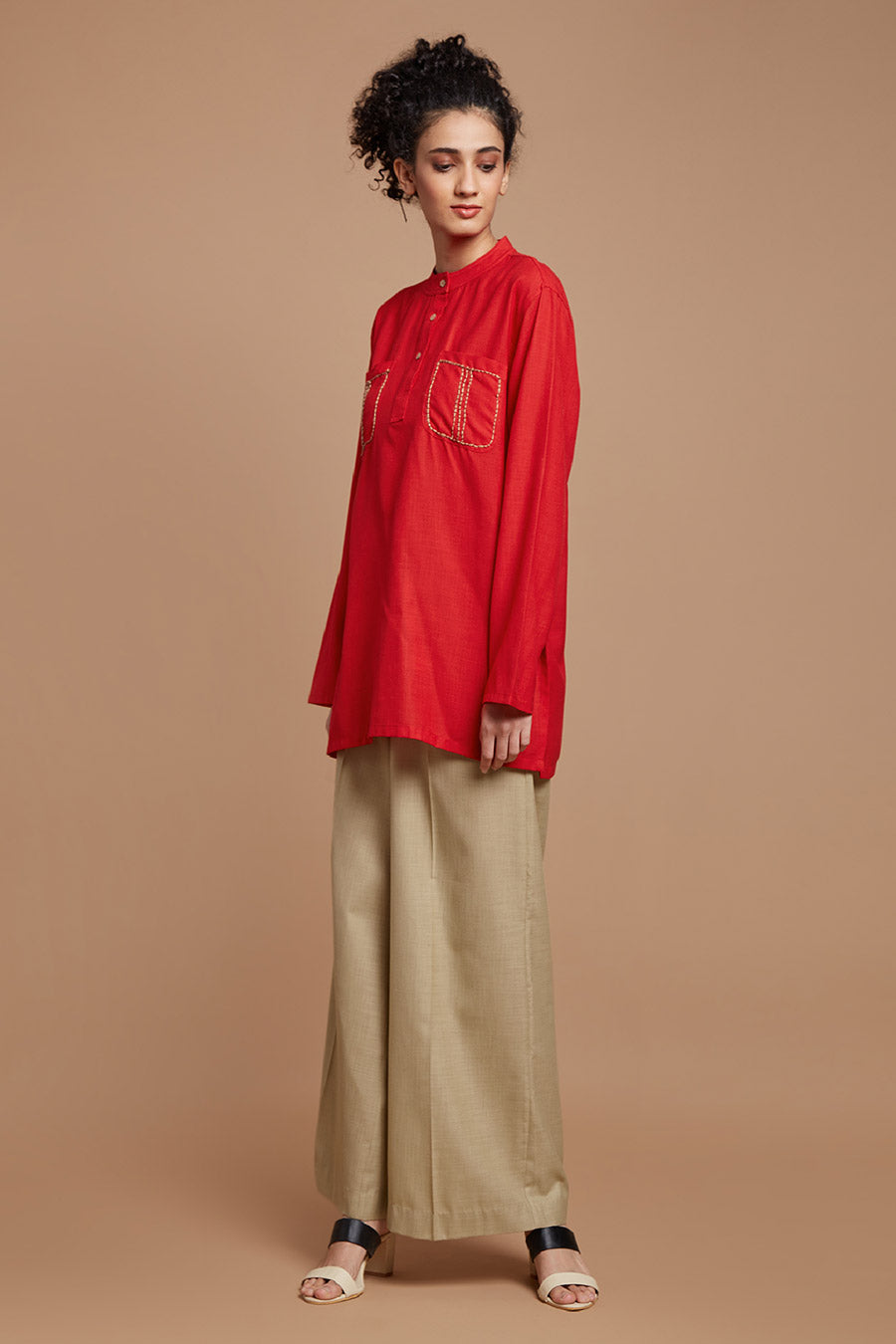 Red Kurta Tunic & Beige Pants Set