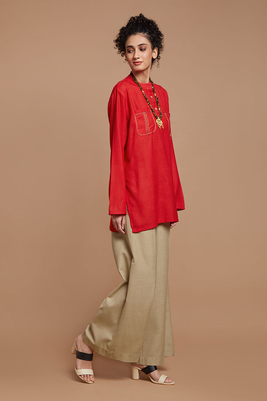 Red Kurta Tunic & Beige Pants Set