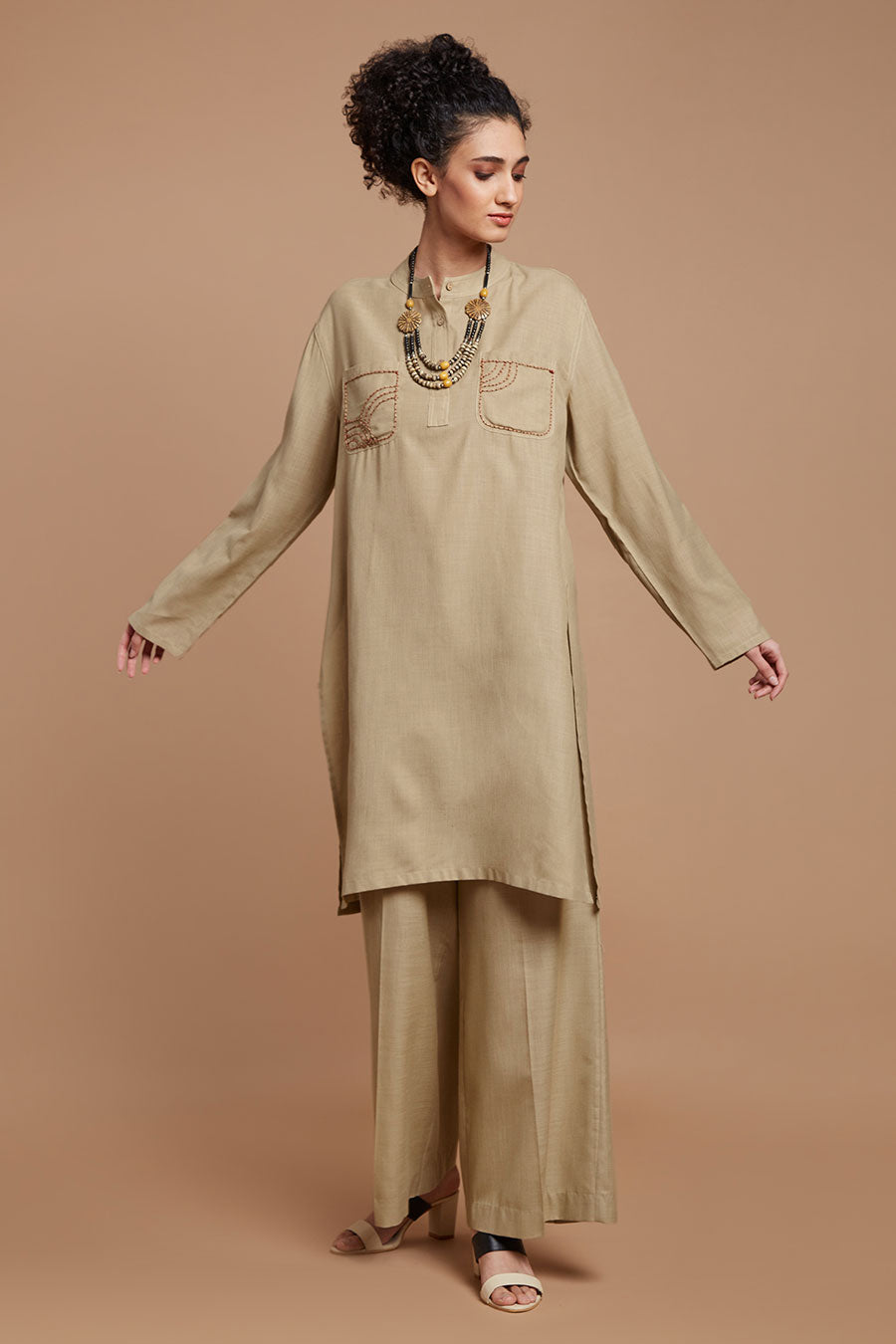 Beige Embroidered Kurta & Pants Set