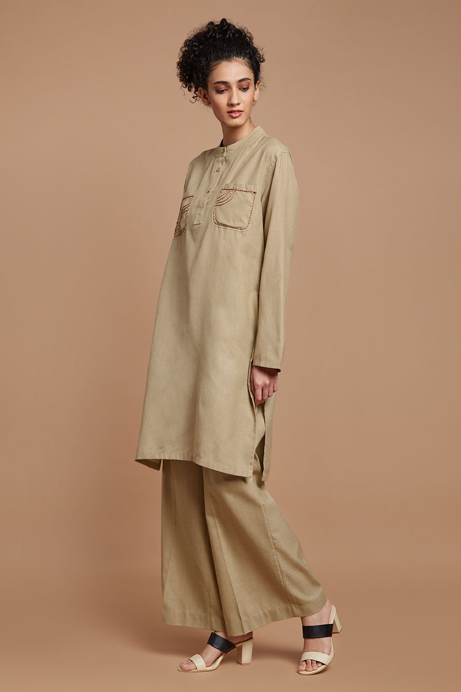 Beige Embroidered Kurta & Pants Set