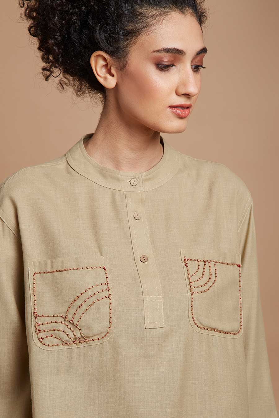 Beige Embroidered Kurta & Pants Set