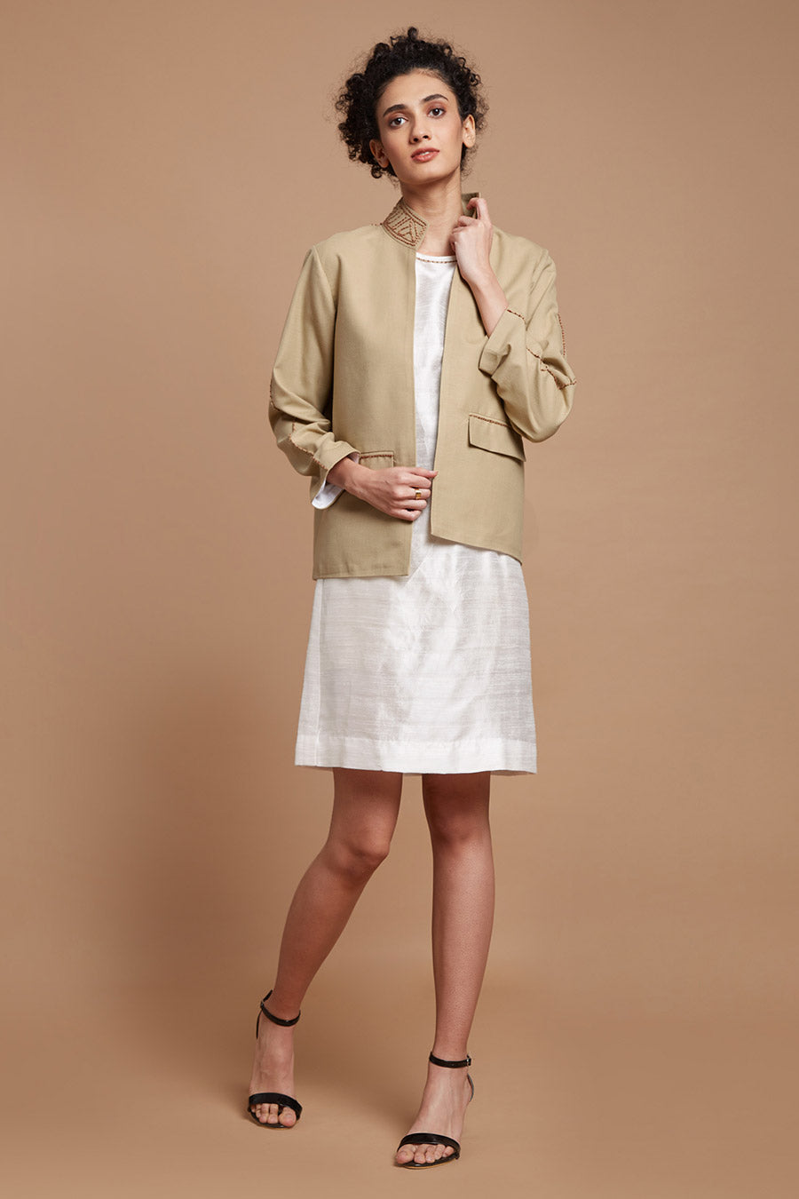 White Short Dress & Beige Jacket Set