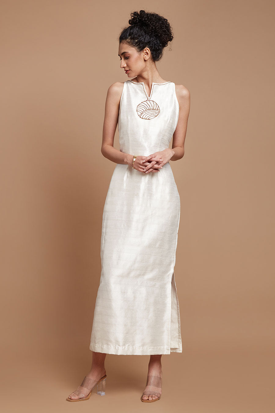 White Embroidered Long Straight Dress