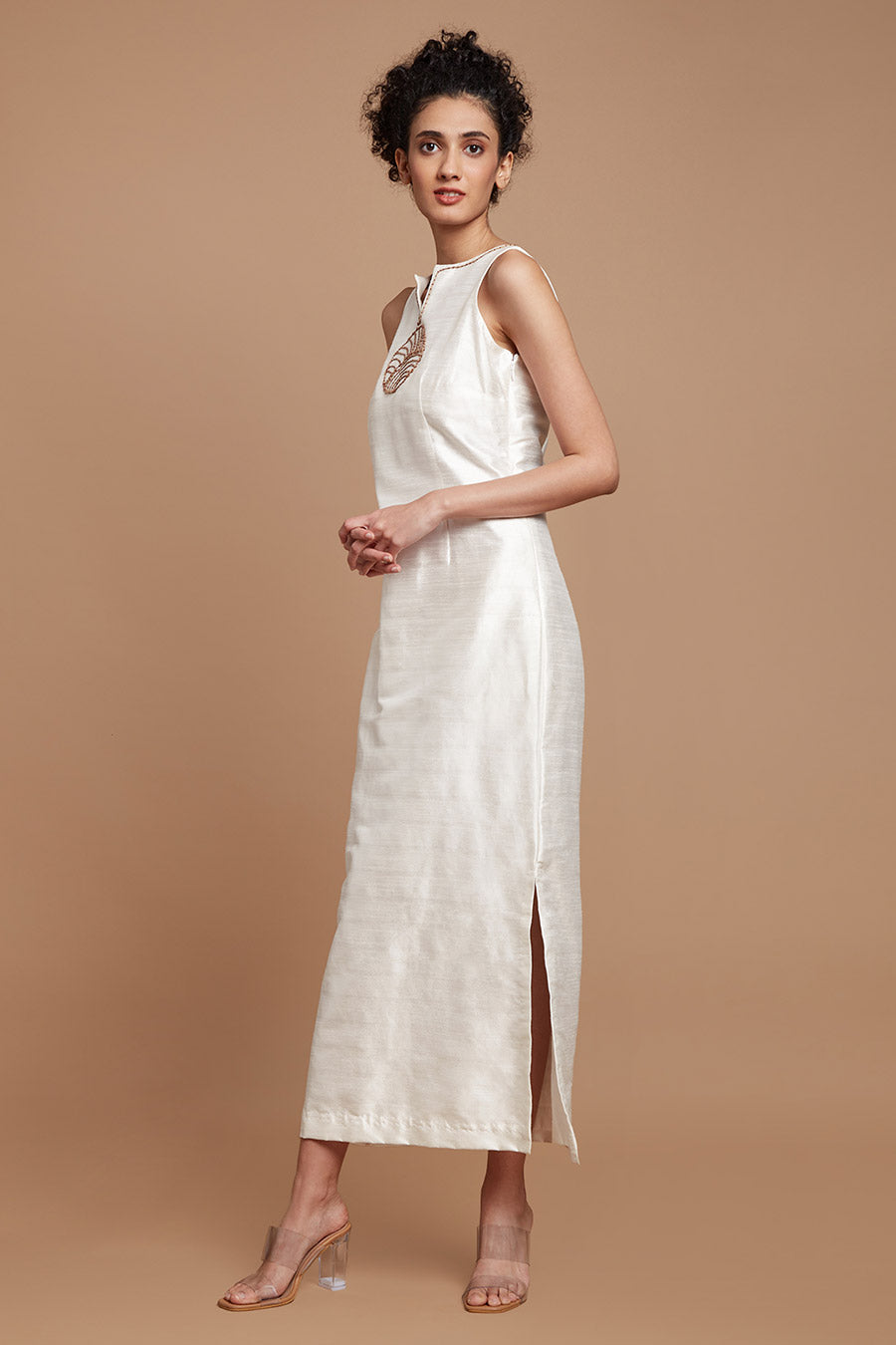 White Embroidered Long Straight Dress