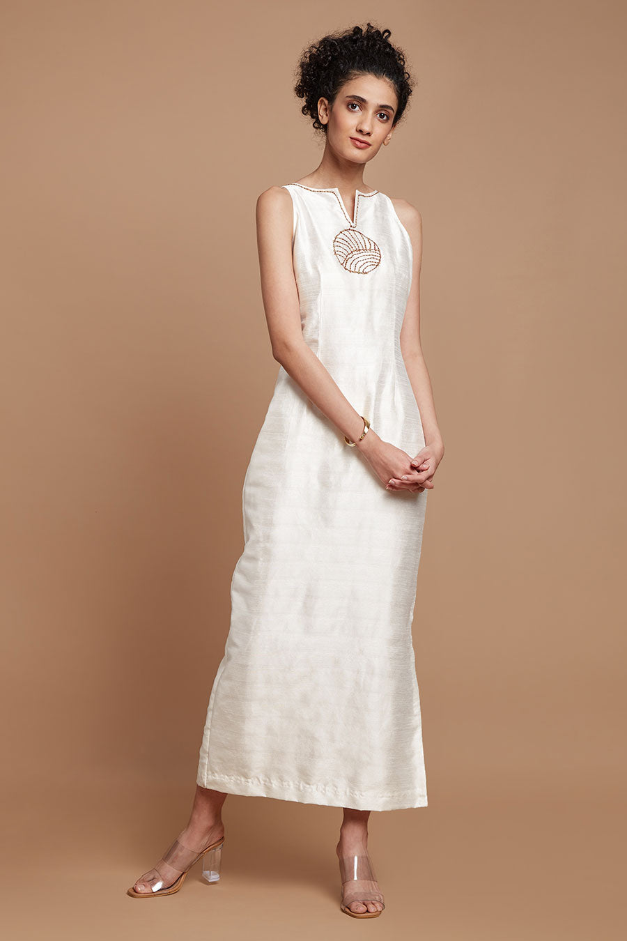 White Embroidered Long Straight Dress