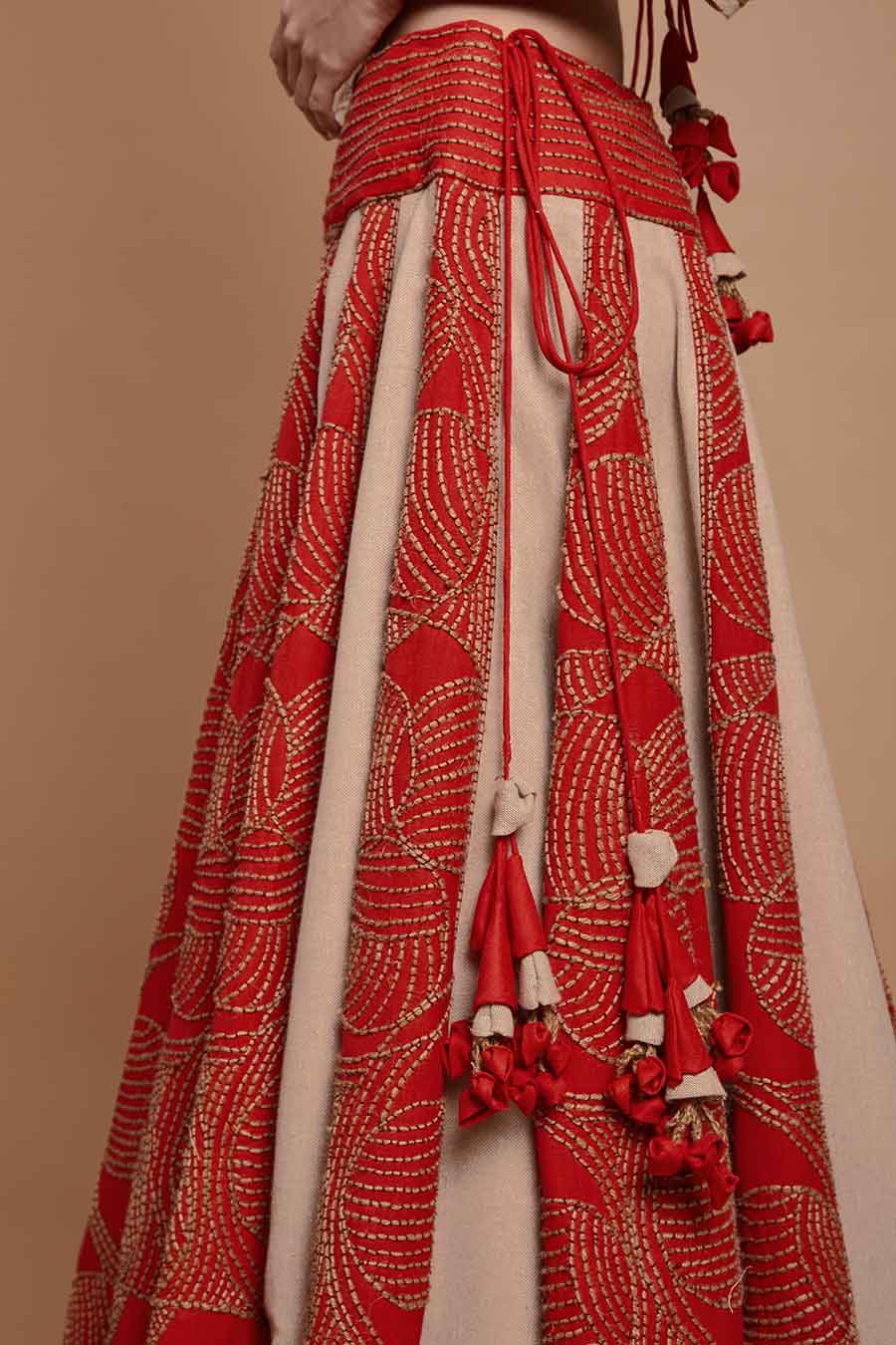 Red & Beige Jute Embroidered Lehenga Set