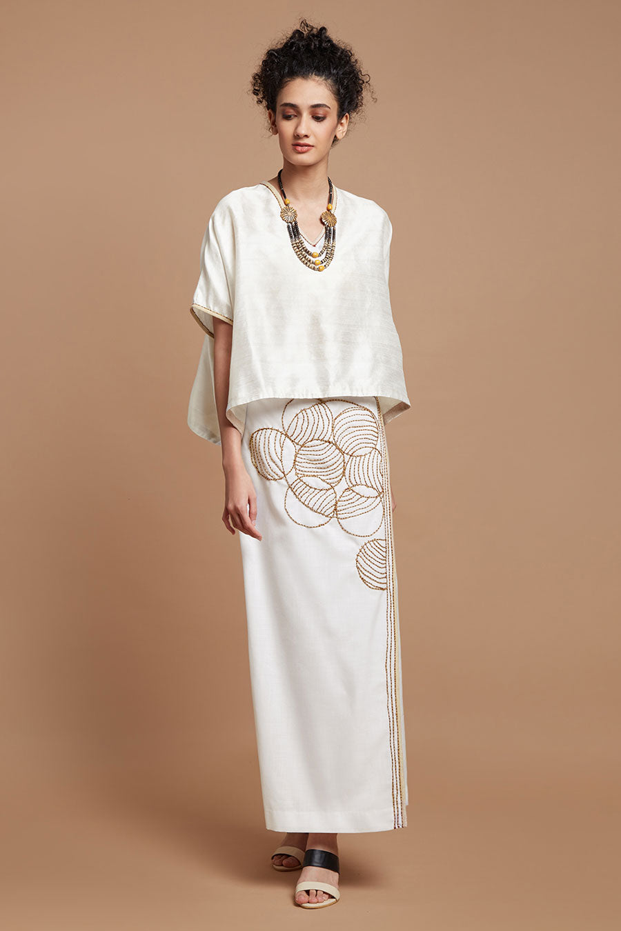 White Embroidered Long Wrap Skirt