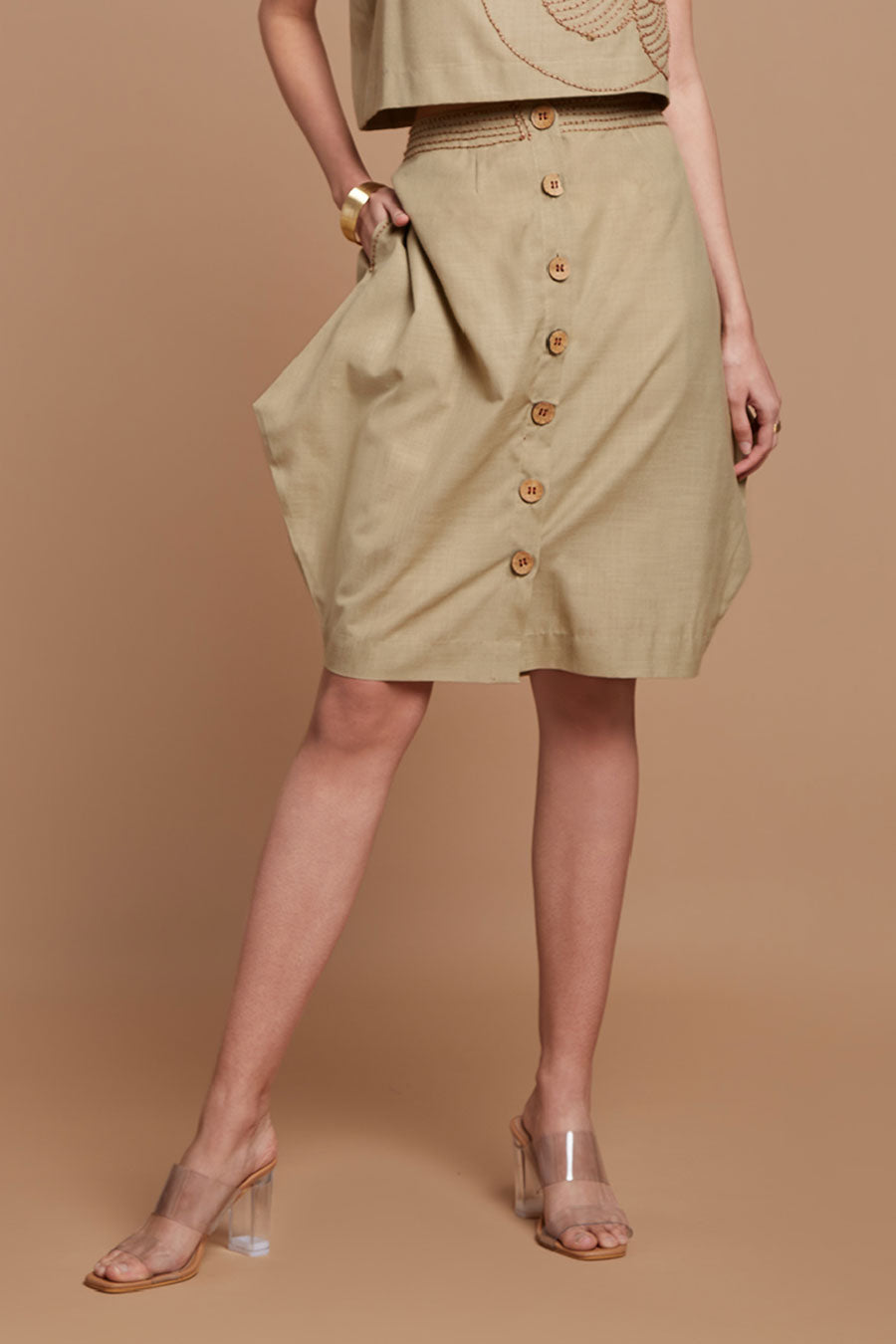 Beige Front Buttoned Short Skirt
