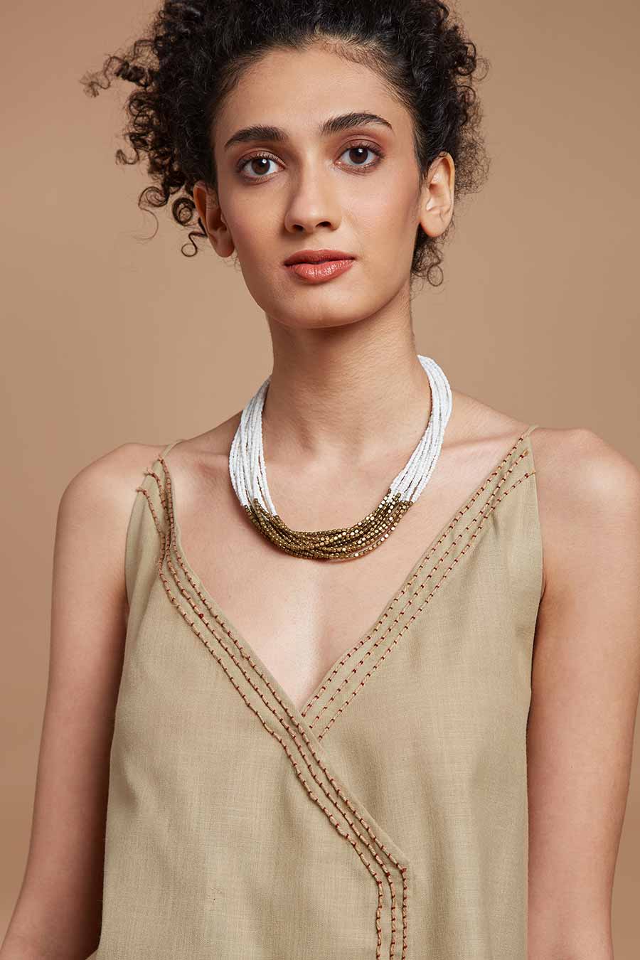 Beige Embroidered Crossover Spaghetti Top