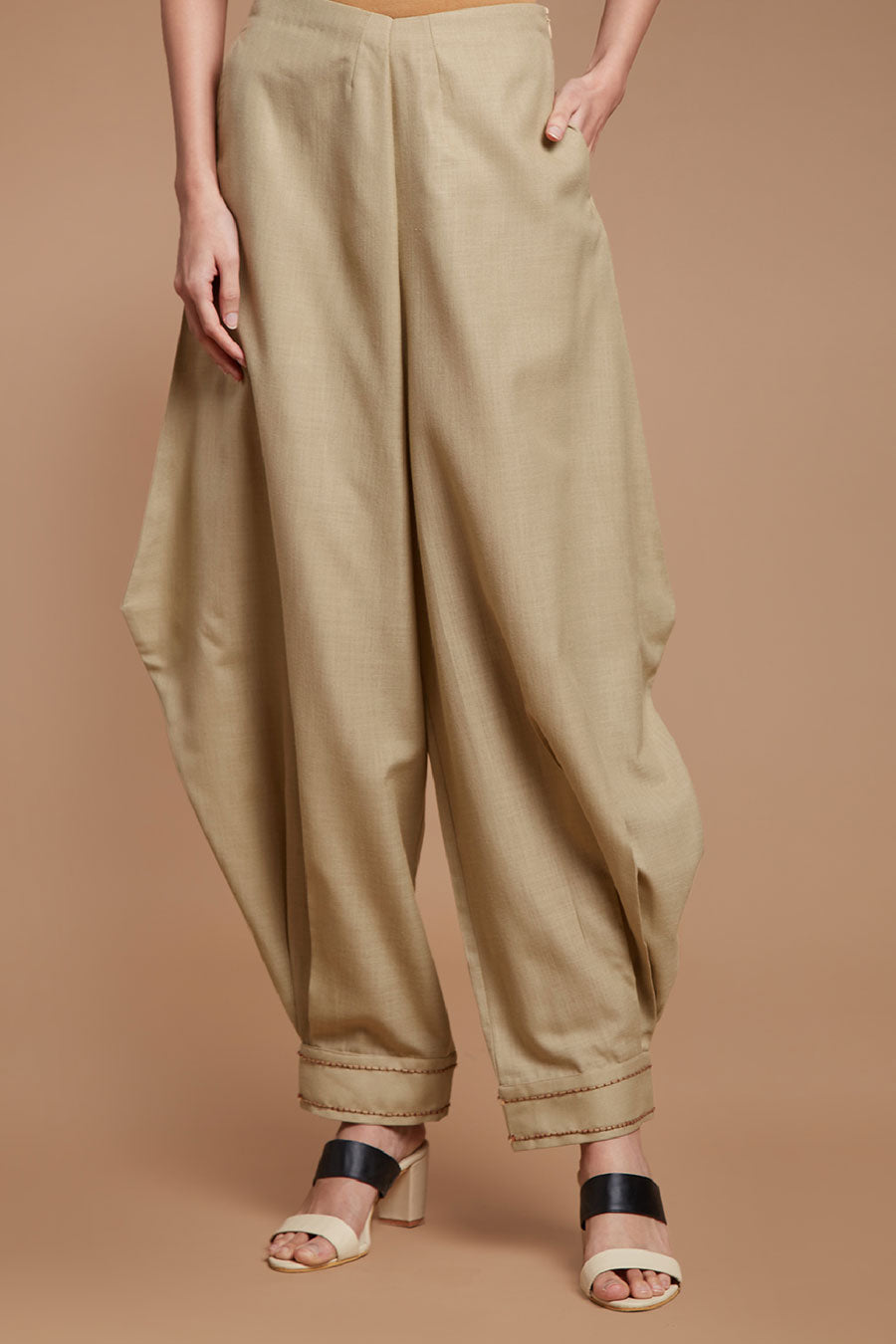 Beige Embroidered Baggy Pants