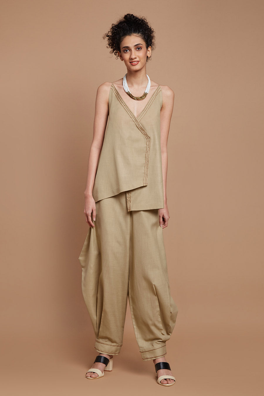 Beige Embroidered Baggy Pants