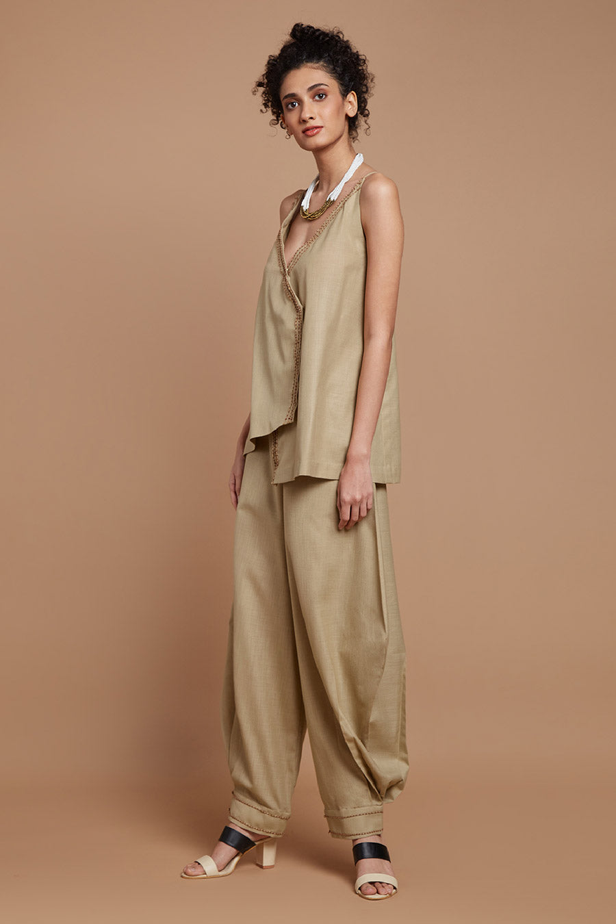 Beige Embroidered Baggy Pants