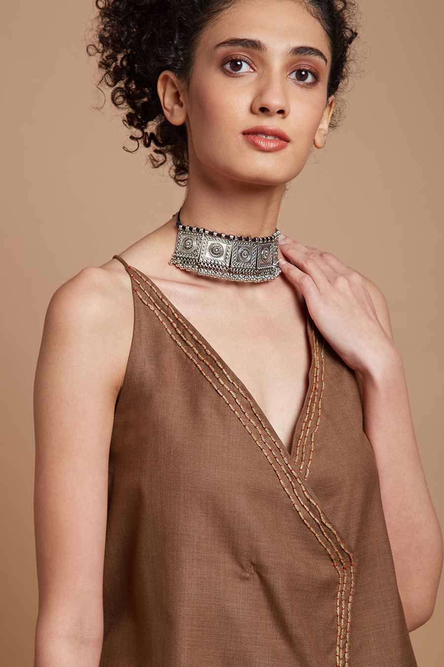 Brown Embroidered Crossover Spaghetti Top