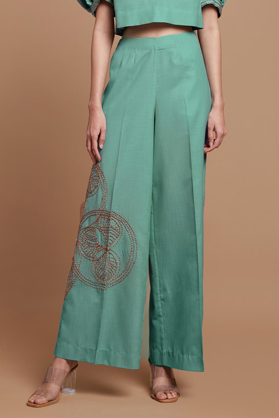 Teal Jute Embroidered Wide Legged Pants