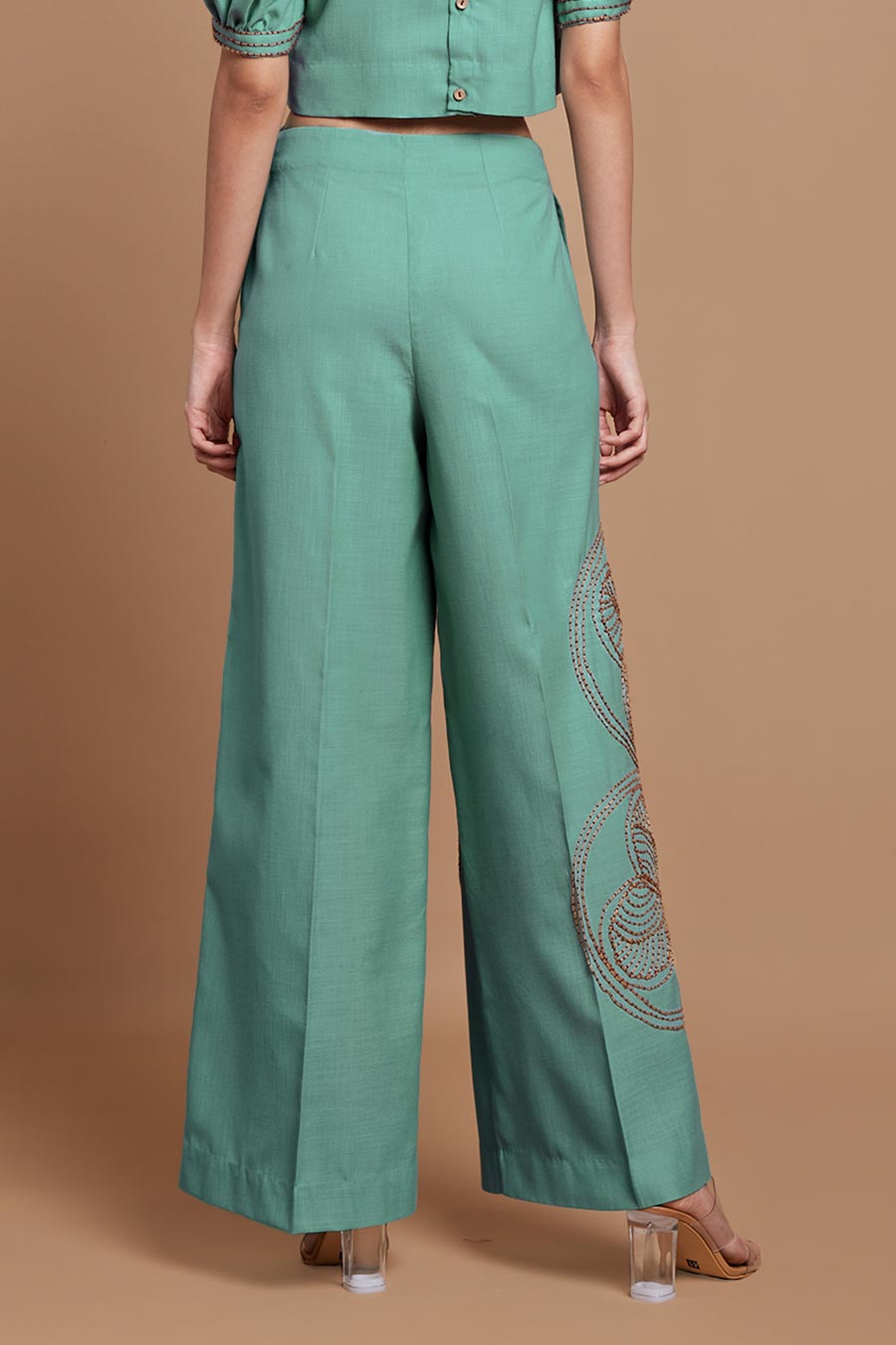 Teal Jute Embroidered Wide Legged Pants