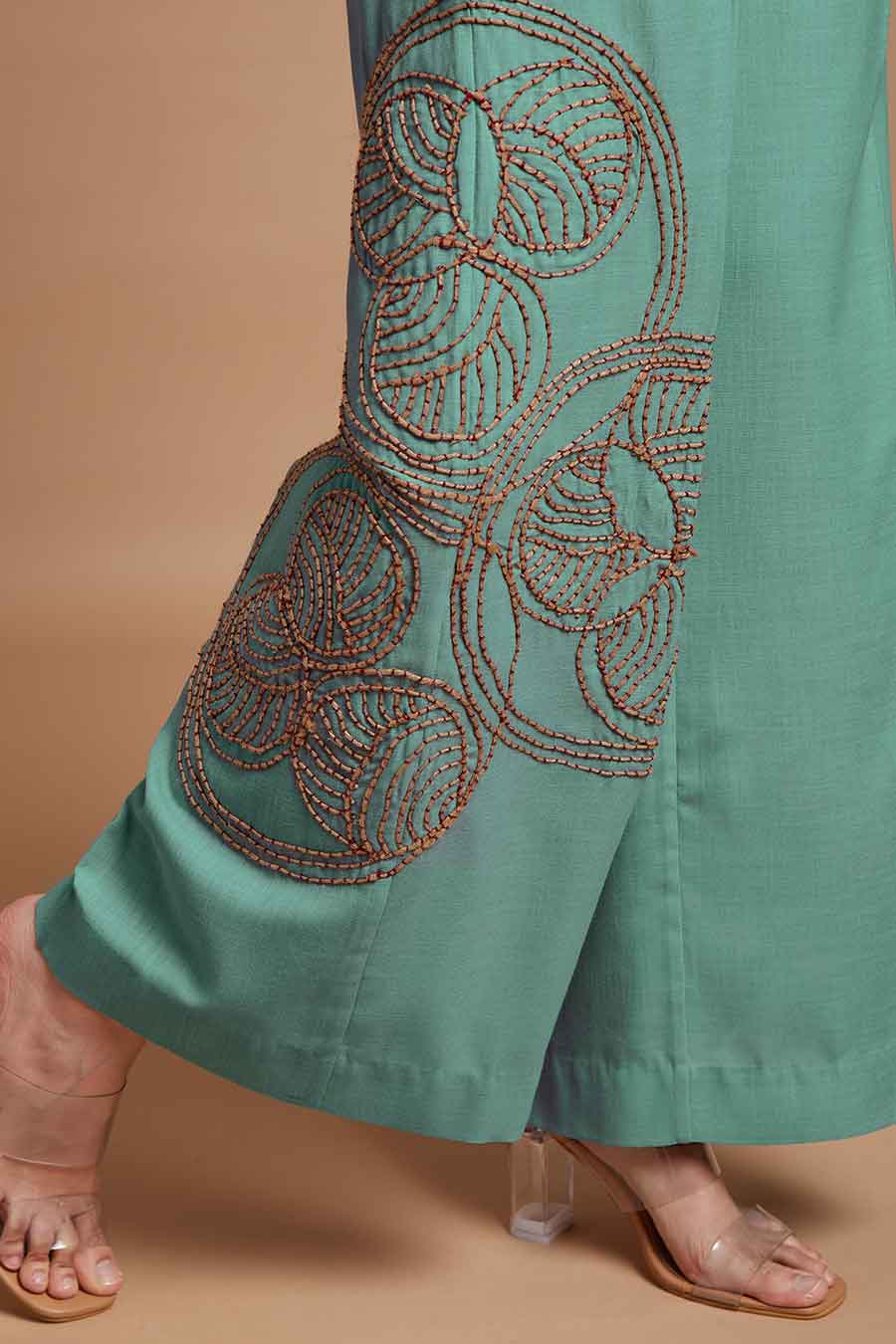 Teal Jute Embroidered Wide Legged Pants