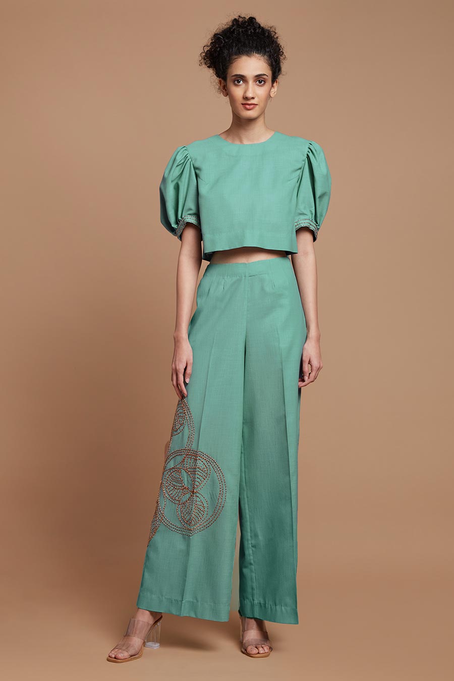 Teal Jute Embroidered Wide Legged Pants