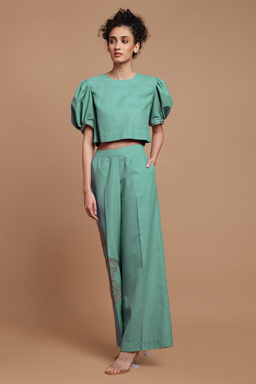 Teal Jute Embroidered Wide Legged Pants