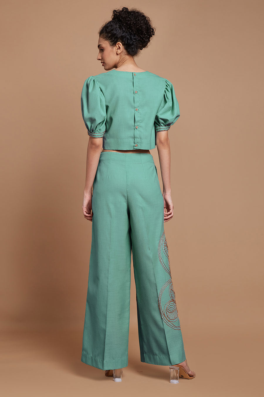 Teal Jute Embroidered Wide Legged Pants