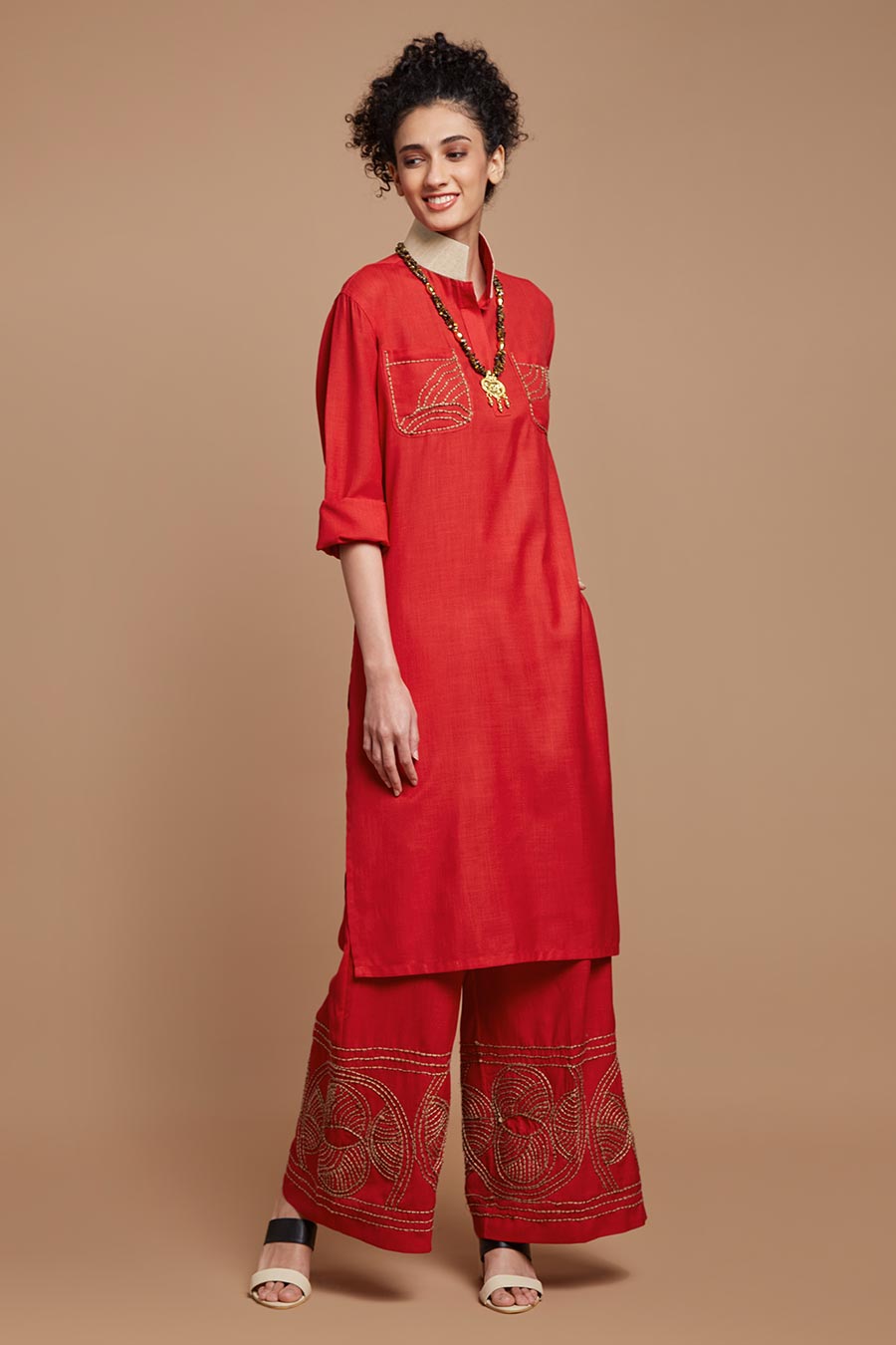 Red Jute Embroidered Wide Legged Pants