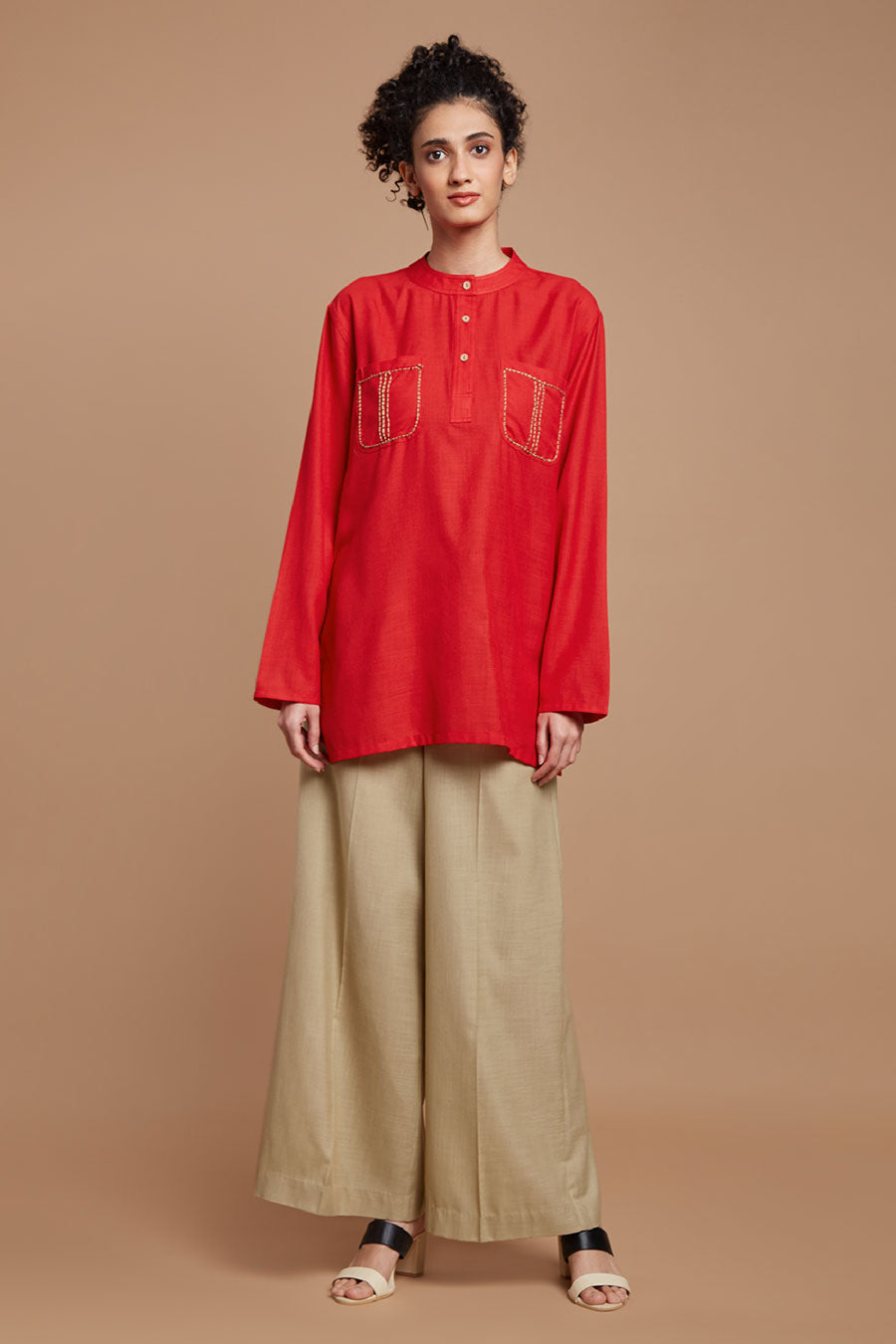 Red Embroidered Short Oversized Kurta Top