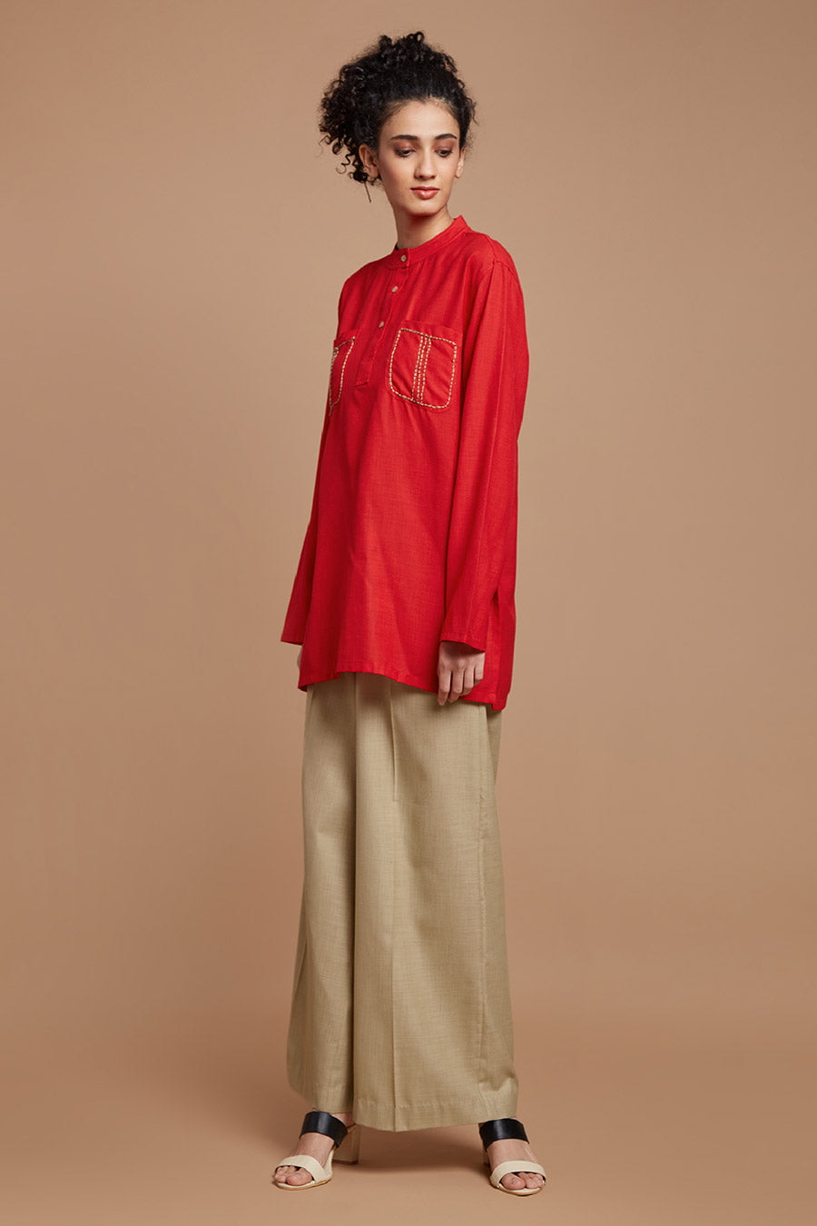 Red Embroidered Short Oversized Kurta Top