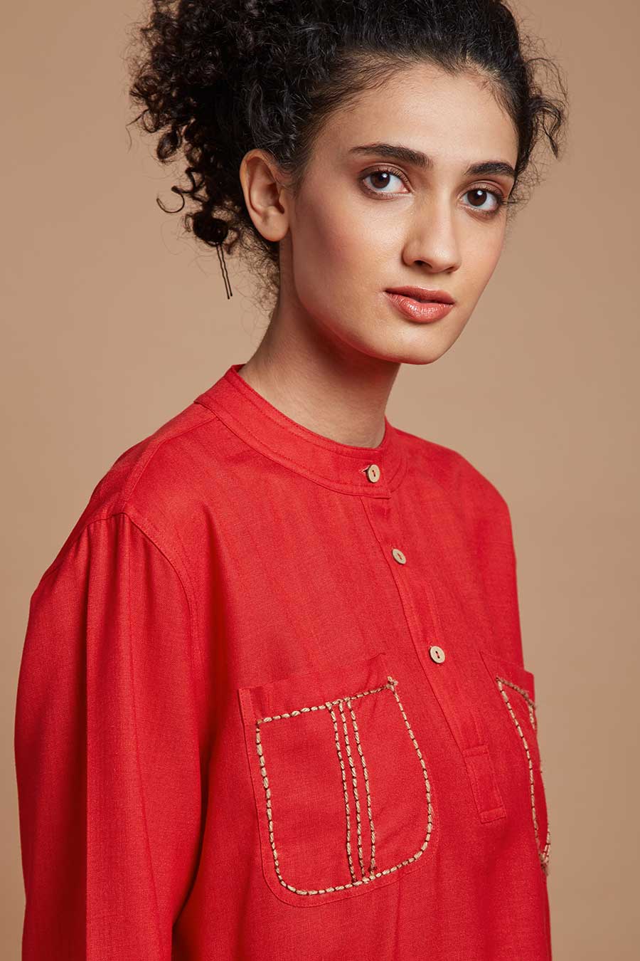 Red Embroidered Short Oversized Kurta Top