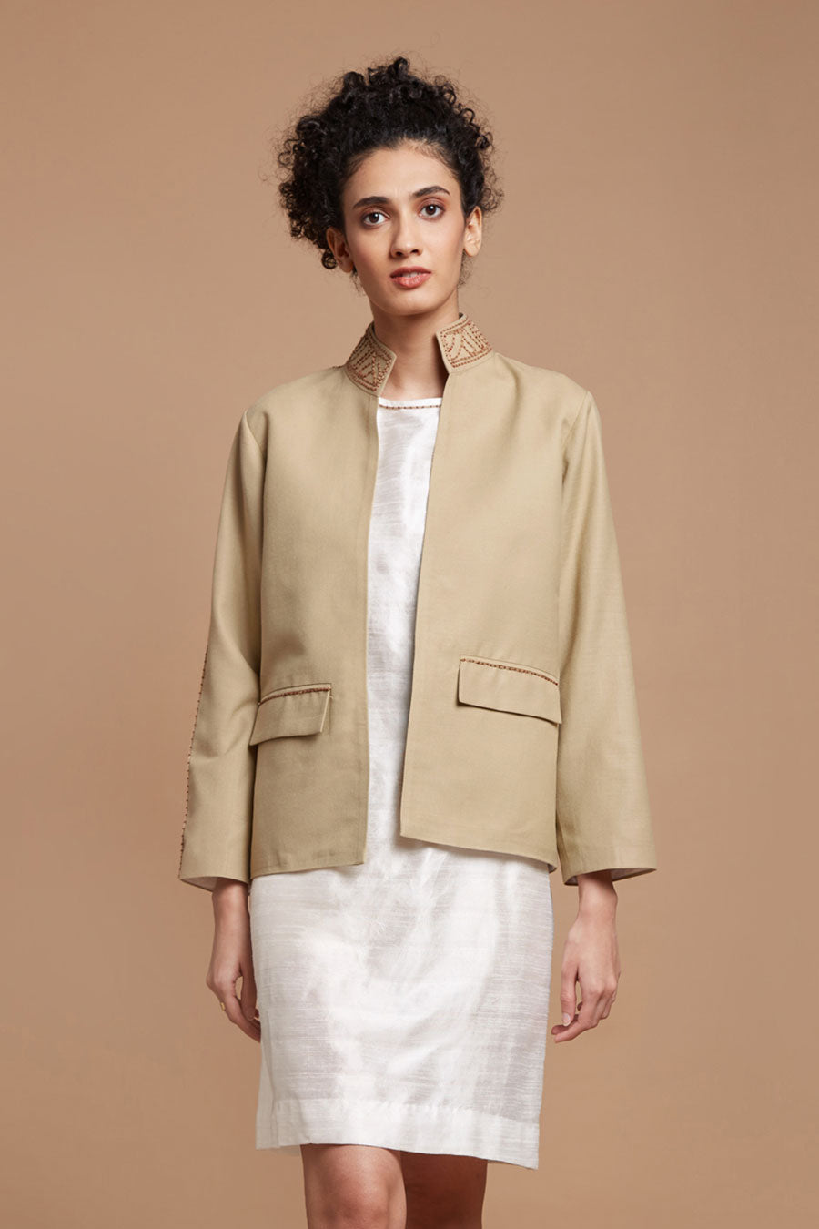 Beige Embroidered Front Open Jacket
