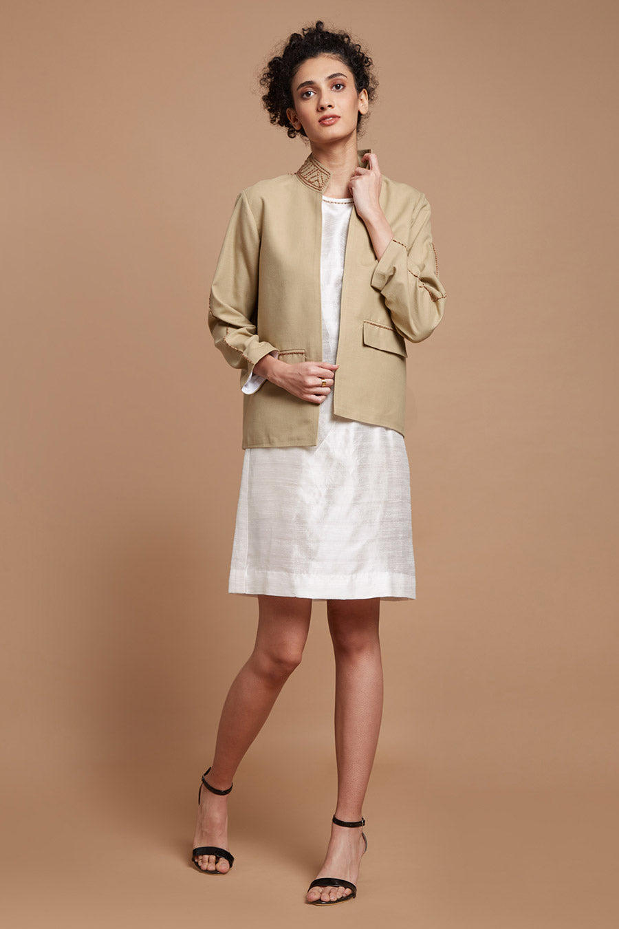 Beige Embroidered Front Open Jacket