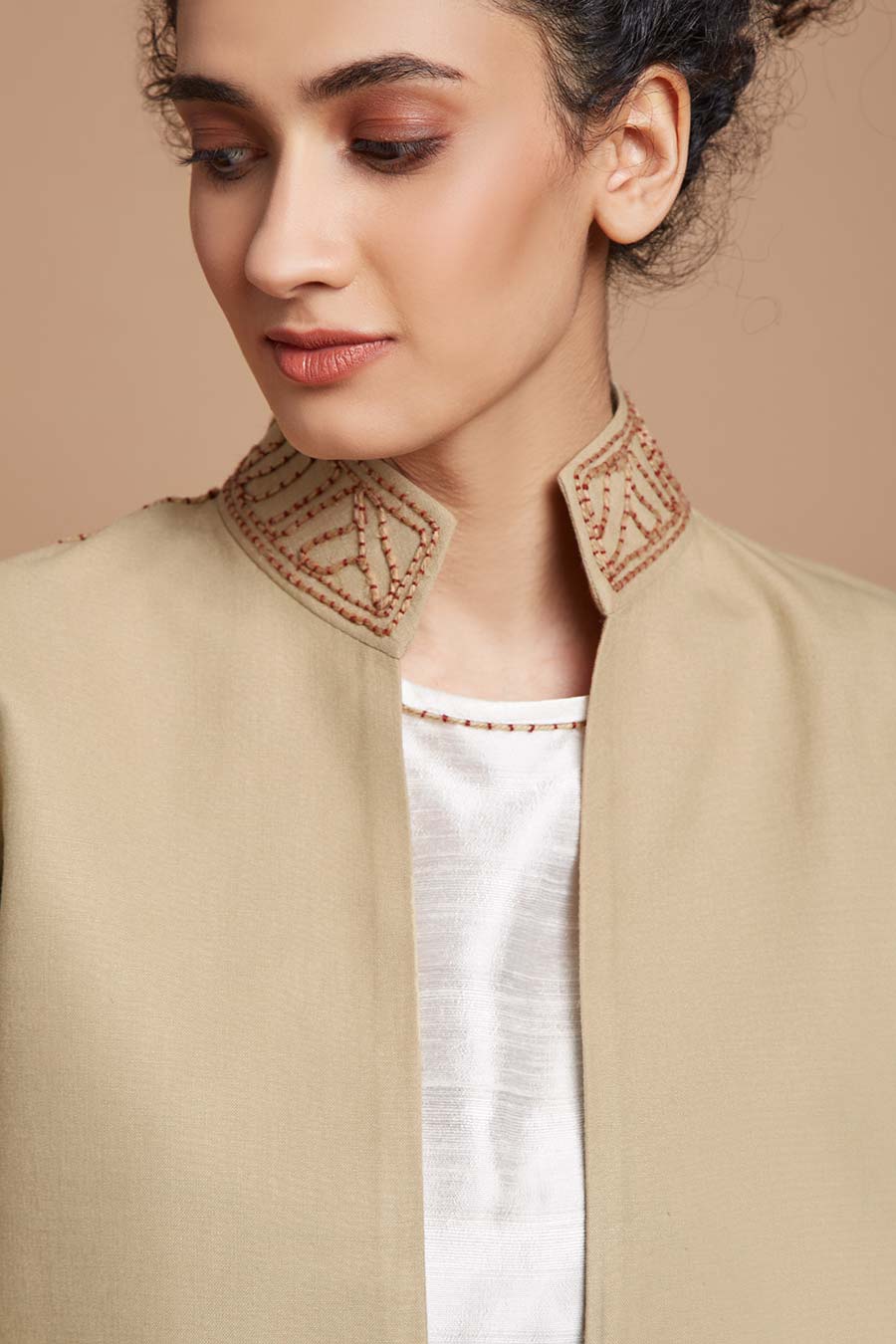 Beige Embroidered Front Open Jacket