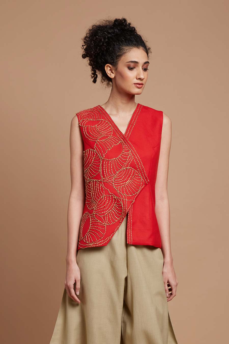 Red Embroidered Crossover Jacket Top