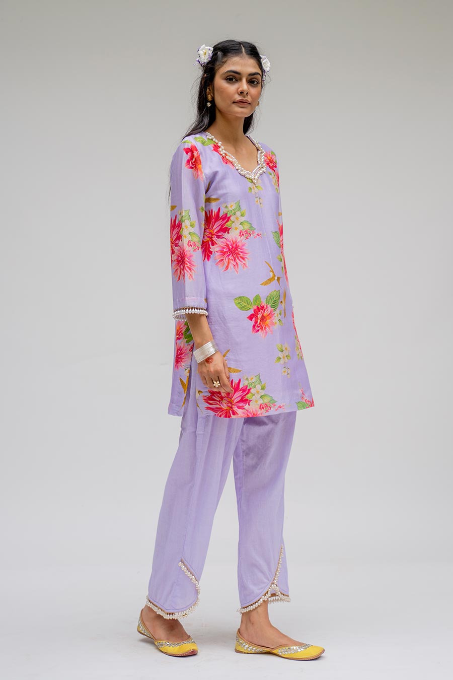 Purple Printed Short Kurta & Pant
