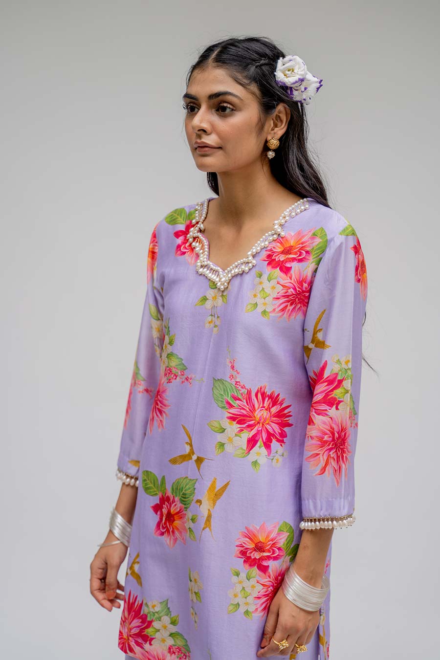 Purple Printed Short Kurta & Pant