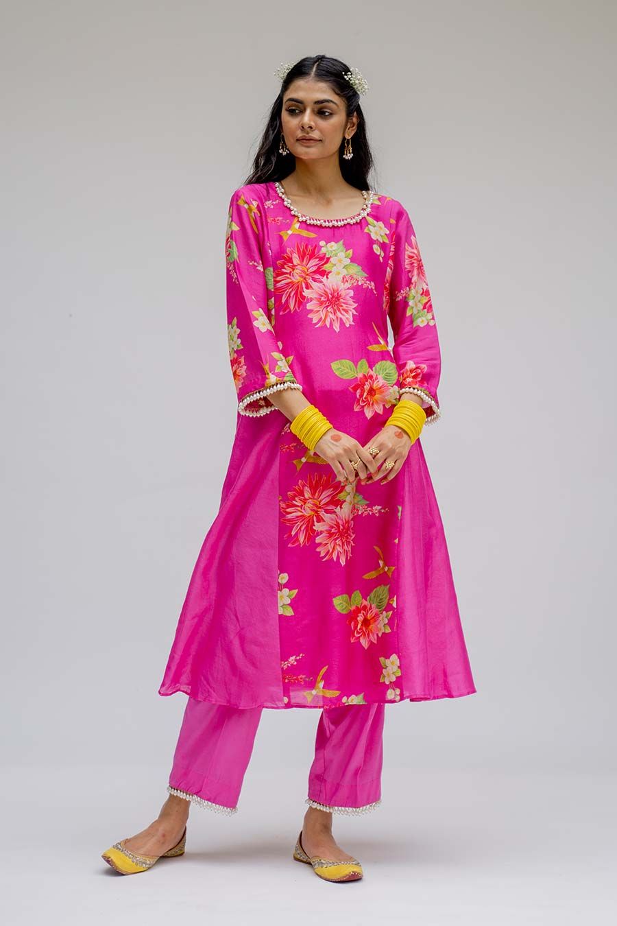 Pink Panel Kurta Set With Dupatta