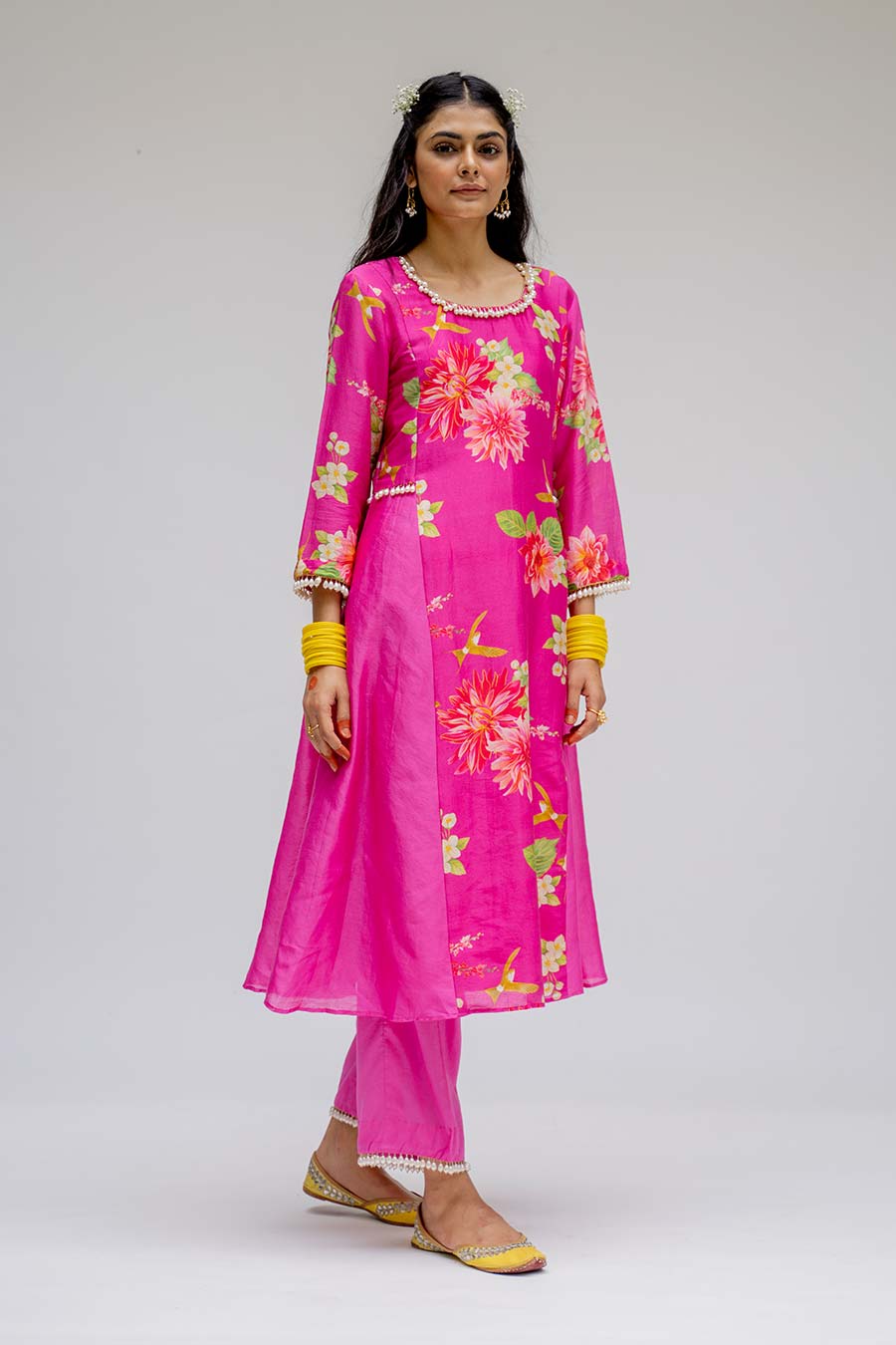 Pink Panel Kurta Set With Dupatta