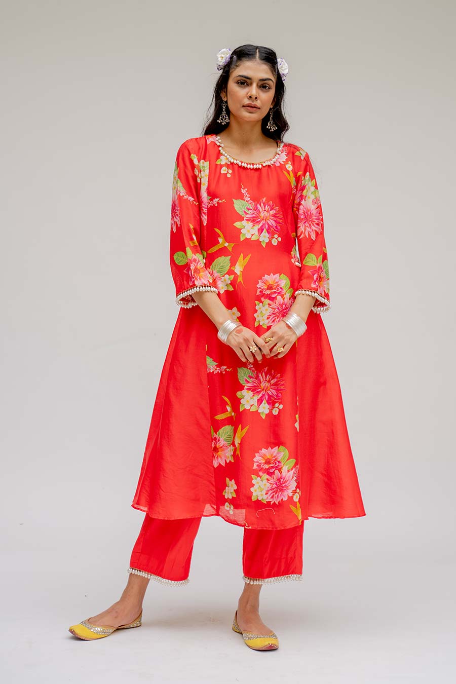 Red Panel Kurta Set With Dupatta