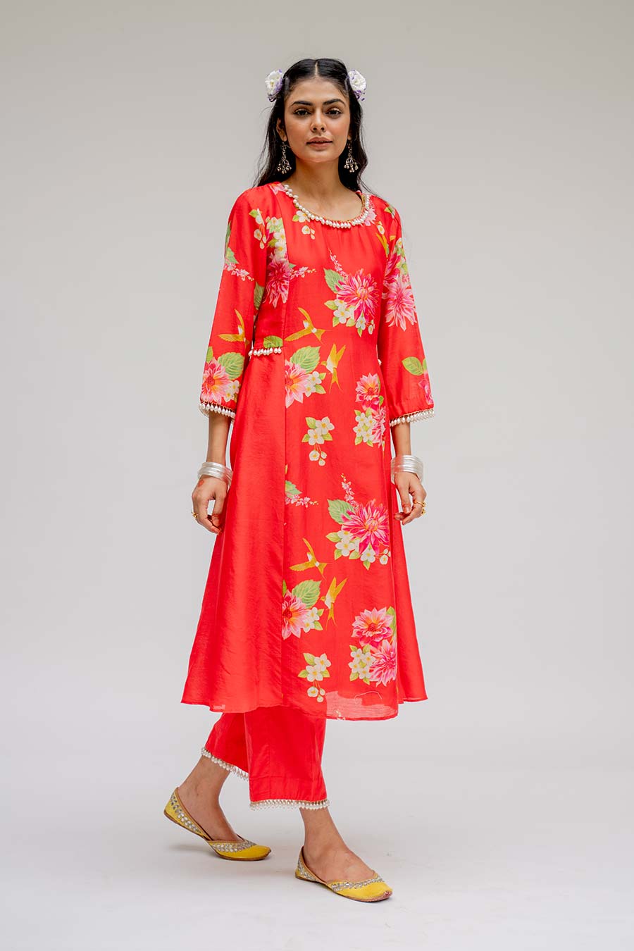 Red Panel Kurta Set With Dupatta