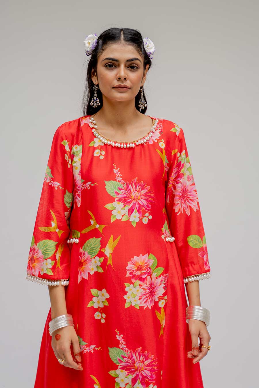 Red Panel Kurta Set With Dupatta