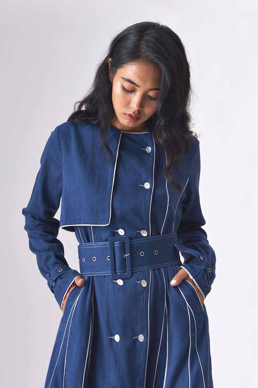 PRISCILLA - Khadi Denim Blue Trench Dress